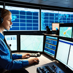 An Air Traffic Controller in a modern control room, collaborating with airline staff, using AI-powered systems, ensuring safe and efficient flight operations, with a focus on technology and teamwork.
