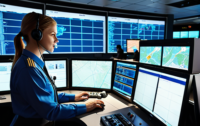 An Air Traffic Controller in a modern control room, collaborating with airline staff, using AI-powered systems, ensuring safe and efficient flight operations, with a focus on technology and teamwork.